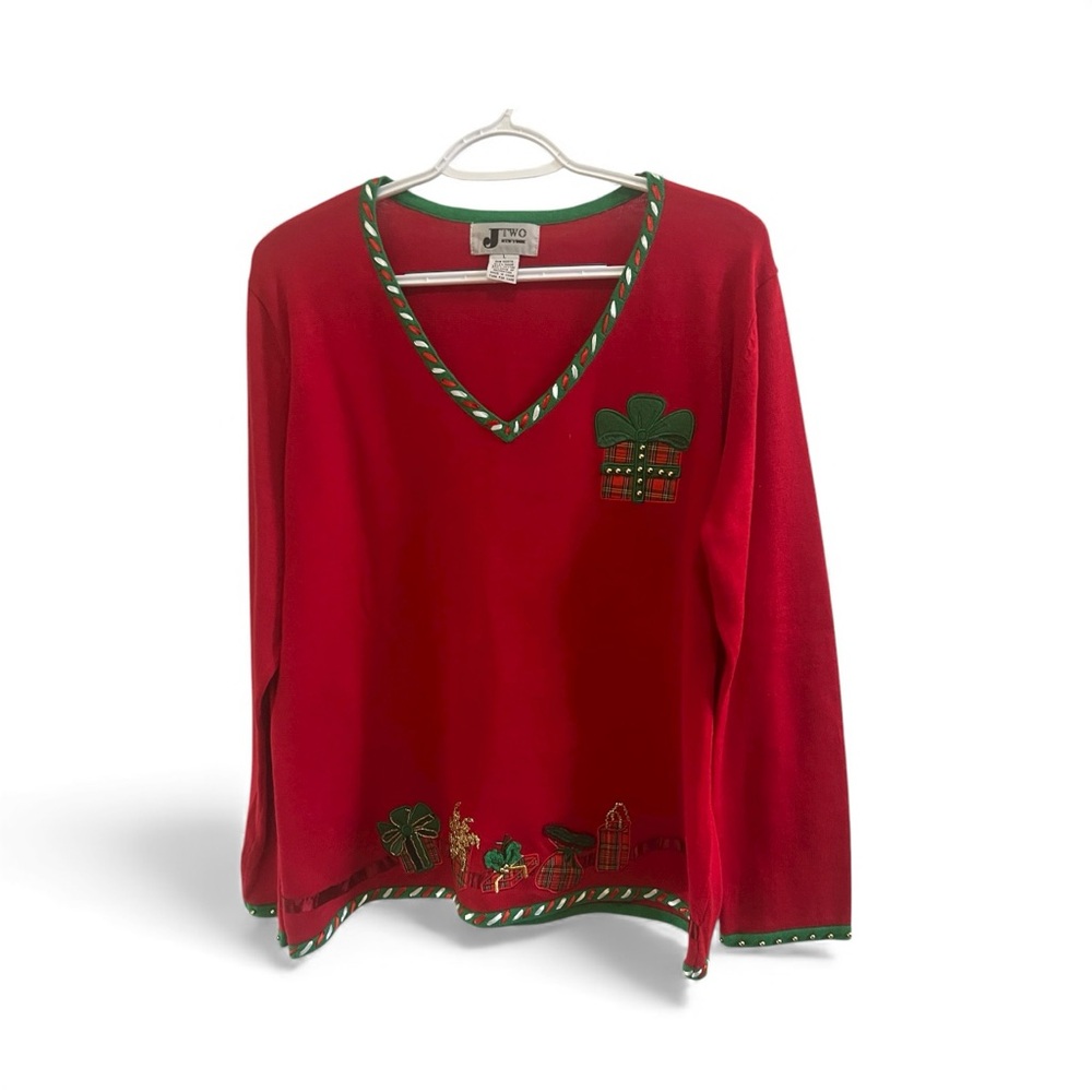 Vintage J Two New York Red Christmas Sweater Plaid Gift Applique V-Neck Large